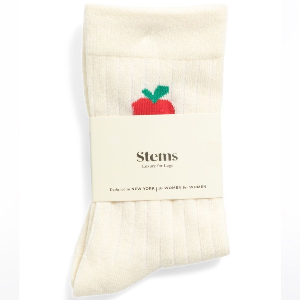 Stems 1 Pair Ivory Red Green Apple Print Cotton Blend Stretch Knit Crew Socks